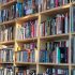 A wall-sized bookshelf full of books and vinyl records